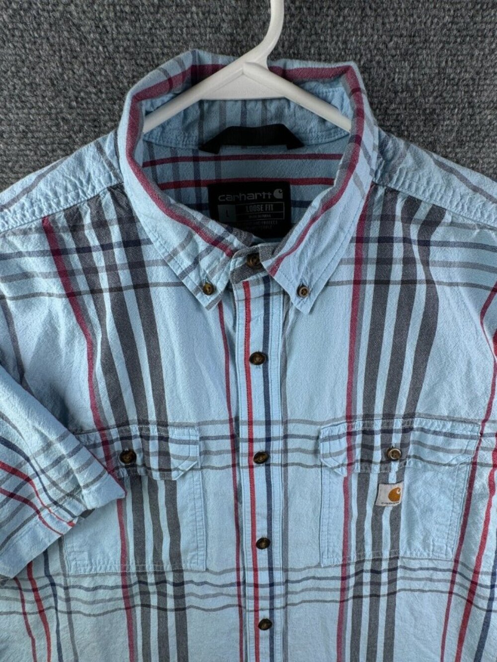 Carhartt Short Sleeve Loose Fit Button Up Shirt Large Plaid Blue Red Outdoors